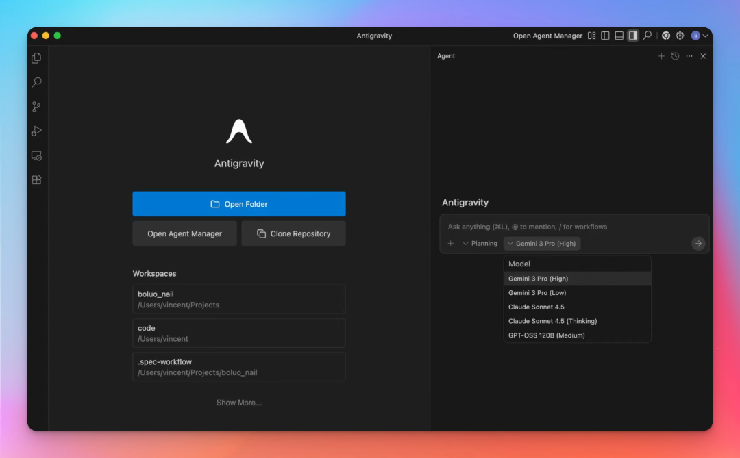 Google Antigravity IDE Interface